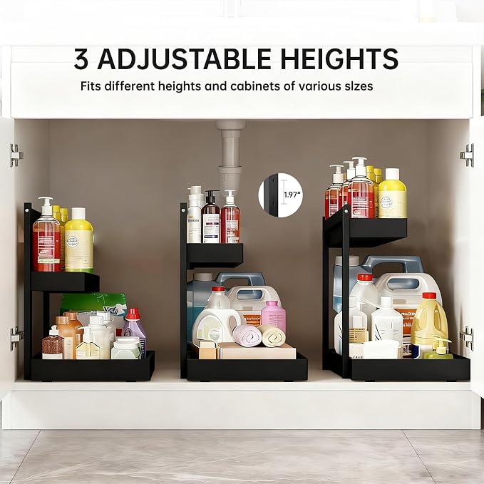 Bamboo Undersink Organizer Storage - 2-Tier Cabinet Shelf with Adjustable Levels, Under Sink Storage Slide Out for Cabinet Pantry Kitchen Bathroom (Black, 2 Packs)