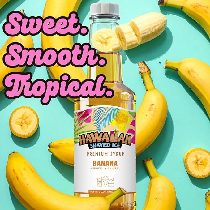 Hawaiian Shaved Ice Banana Syrup - Nut Soy Dairy Free - Flavor Fluffy & Crunchy Snow Cones - Shelf Stable - Makes 8 Servings - 16 ounces