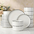 Famiware Porcelain Dinnerware Set, 24-Piece Modern Plate and Bowl Set, dish set for 8, Microwave and Dishwasher Safe Tableware, White with Black Trim