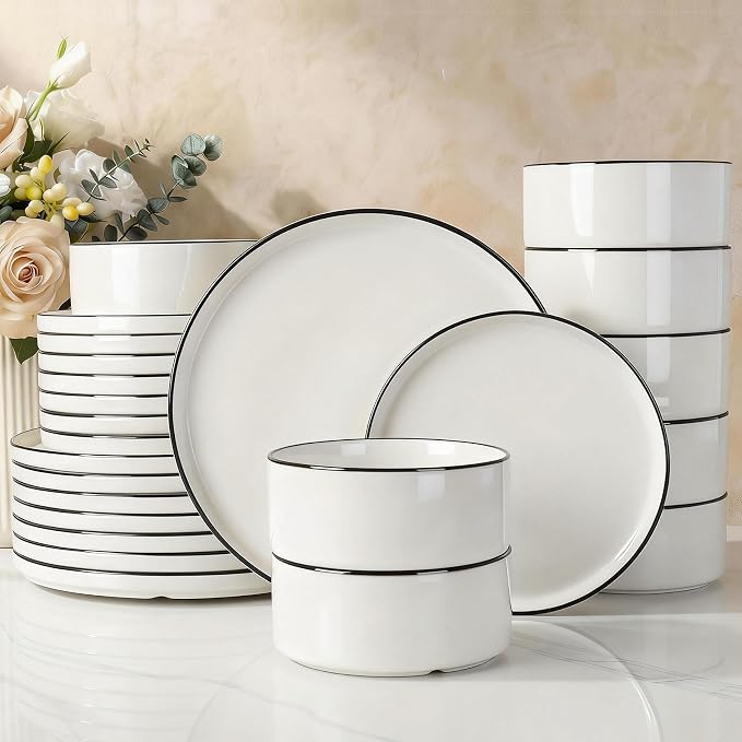 Famiware Porcelain Dinnerware Set, 24-Piece Modern Plate and Bowl Set, dish set for 8, Microwave and Dishwasher Safe Tableware, White with Black Trim
