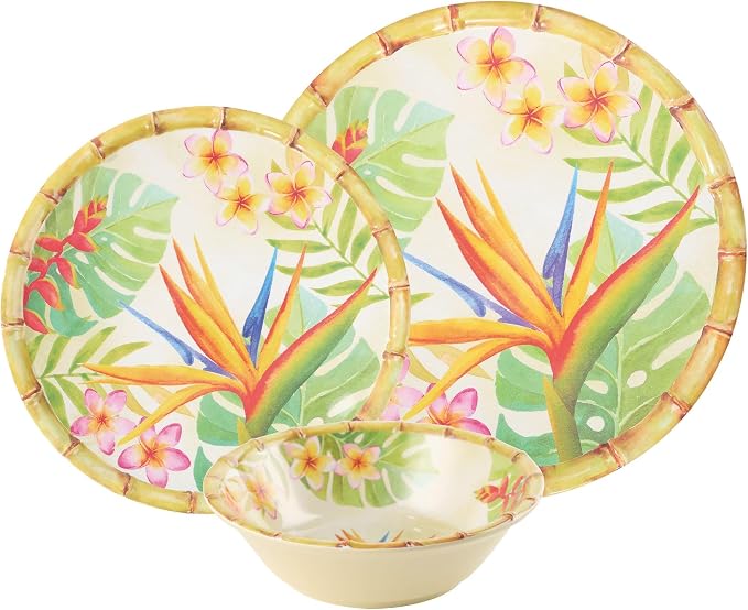 UPware 12 Piece Bird of Paradise Melamine Dinnerware Sets, Outdoor Dishes Set, Plates and Bowls Sets, Service for 4, Multicolor