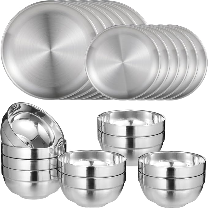 20PCS Stainless Steel Plates and Bowls Sets, Includes 10PCS 6.7 & 10.2 in Plates 10 Pieces Bowls, 304 Reusable Camping Mess Kits for Home Kitchen, Dorm and Outdoor Picnic (Silver-A)