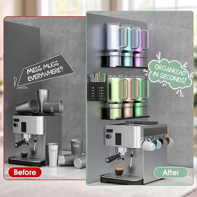 POLRAI 4 Pack Magnetic Cup Holder for Refrigerator, Water Bottle Organizer for Stanley and Tumbler, Accessory with Lid Hook Straw Holder and Double Sided Tape for Kitchen Fridge Cabinet