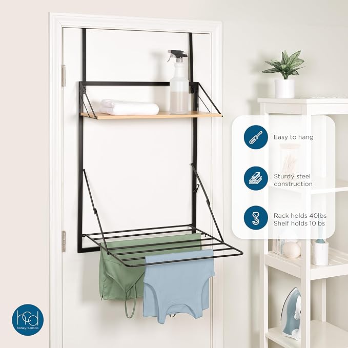 Honey-Can-Do Wall-Mount or Over-The-Door Compact Collapsible Drying Rack with Extra Shelf, Black & Oak