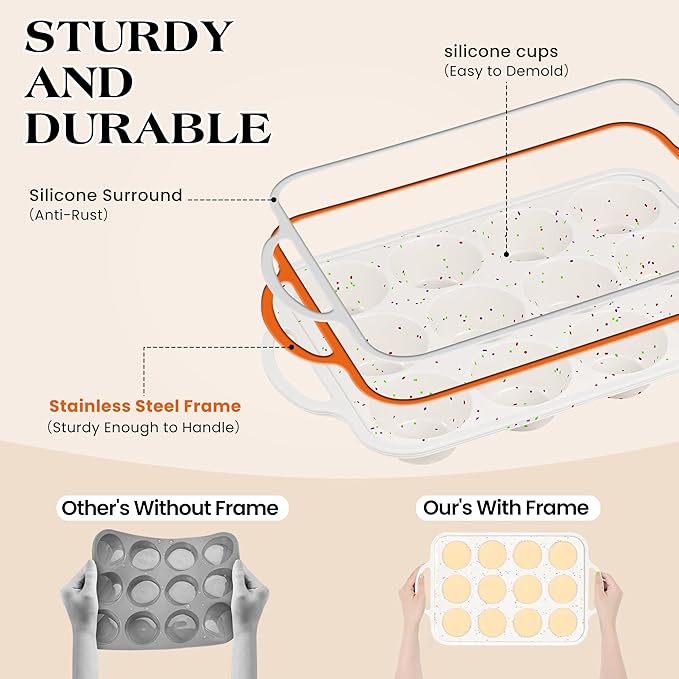 Silicone Muffin Pan with Metal Frame, Nonstick 12 Cup Regular Size Cupcake Pan, Silicone Muffin Tray for Baking Egg Bites Muffins Cupcakes Gifts for Mom Home Baker Kitchen (1 Pc, Cream)