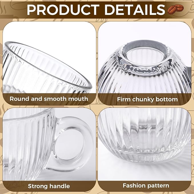 6 Sets of Glass Tea Cups with Saucers Vintage Coffee Mugs 2.8 oz Clear Espresso Cup with Handle Embossed Glassware for Hot Cold Beverages Americano Cappuccino Latte Tea