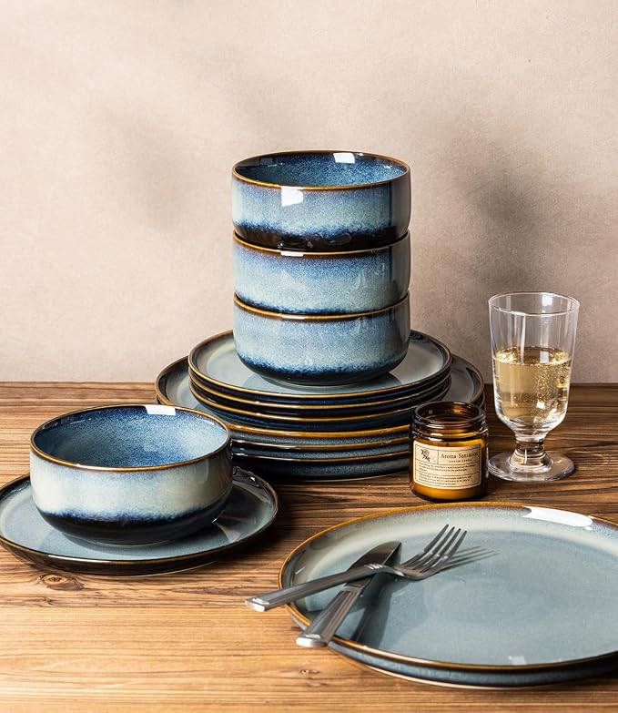 TheTerra Ceramic Dinnerware Sets for 4, 12 Pieces Porcelain Lightweight Plates and Bowls Sets, Scratch Resistant Dish Set, Oven & Microwave & Dishwasher Safe, Denim Blue