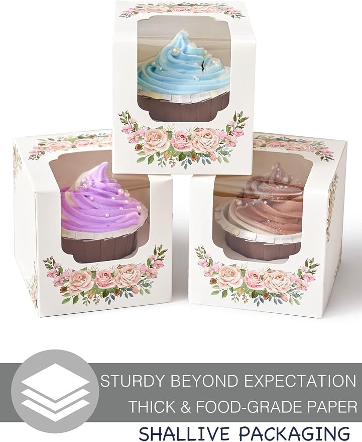 Mother's Day Flowers Cupcake Boxes Individual 100 PCS with Insert and Window, 3.5" Floral Pink White Wedding Single Cupcake Containers for Mothers day Treat Gift Packaging