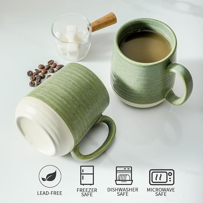 Hasense Stoneware Coffee Mugs Set of 6, 15 Oz Large Coffee Cups with Handle, Tea Mugs for Men and Women, Modern Coffee Mug for Cappuccino, Milk, Cocoa, Microwave & Dishwasher Safe, Green