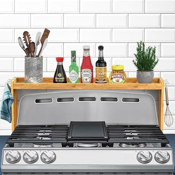 Mount Walker Bamboo Over the Stove Spice Rack, Stove Shelf with 6 Hooks for Back of Stove, 31.5" Kitchen Counter Shelf, Heat-Resistant, Kitchen Countertop Shelf for Spice Organization