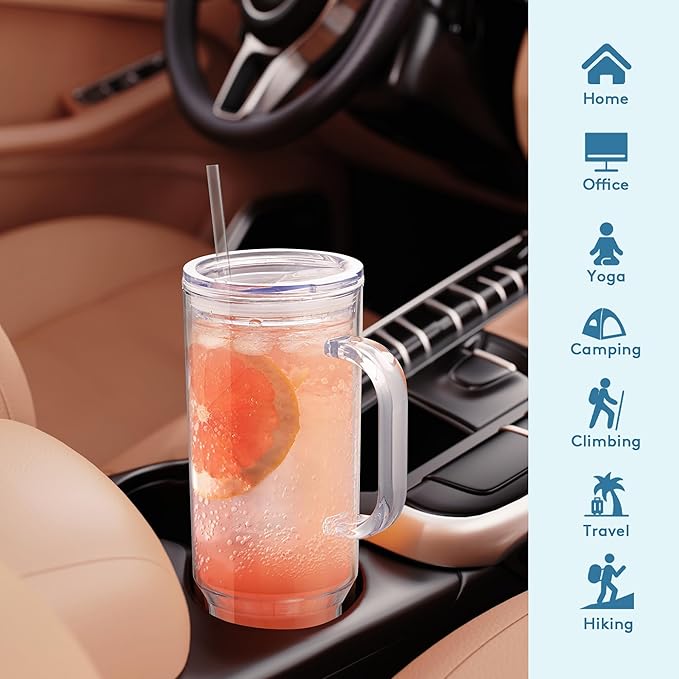 MEWAY 40 oz Acrylic Tumbler with Handle and Straw Lid，Double Wall Vacuum Reusable plastic Water Bottle Travel Mug Cup，Classic Tumblers Cupholder Friendly (4 Pack)