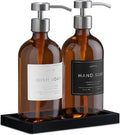 Glass Soap Dispenser Set of 2 (Amber) with Silicone Tray | Hand and Dish Soap Dispenser for Kitchen and Bathroom | 16.8 Oz Glass Bottles with Stainless Steel Pump & 15 Waterproof Labels (Amber/Silver)