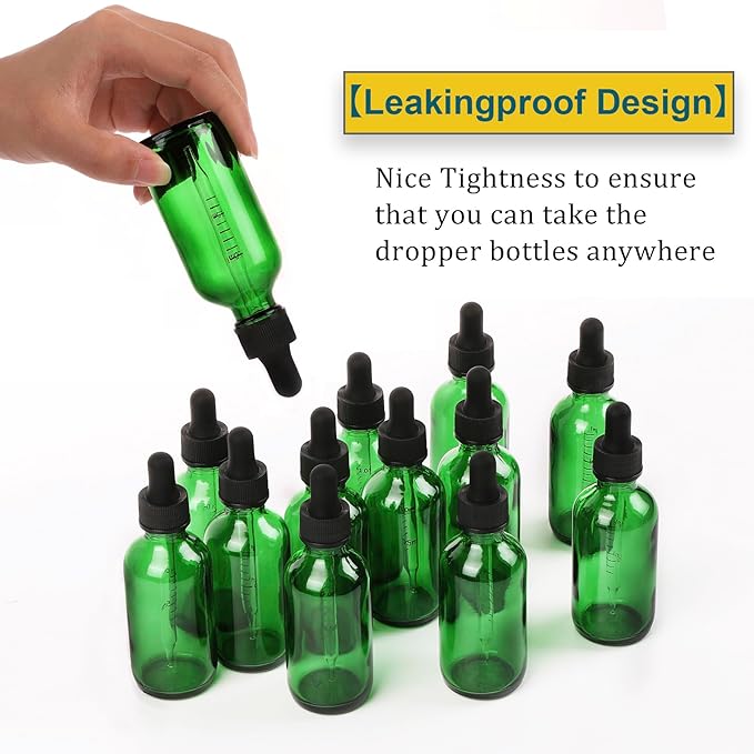 NOOEEISS 2oz Glass Dropper Bottle,Preety Texture Tincture Bottles with Precise Scales Eye Droppe,for All Kinds Of Mixed Liquids,Leak-Proof Design for Easy Travel (Green-48Pack)