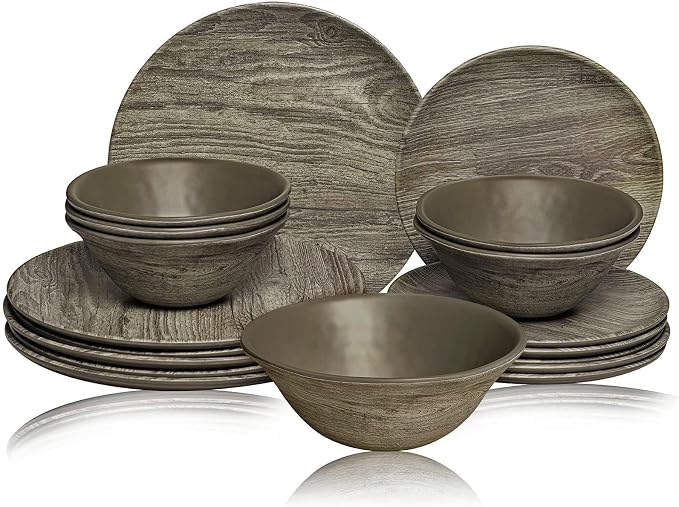 TP 18-Piece Dinnerware Set, Melamine Dishes Set with Bowls and Plates, Service for 6, Non-breakable Lightweight Dining Tableware, Grayish-brown Wood Grain