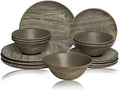 TP 18-Piece Dinnerware Set, Melamine Dishes Set with Bowls and Plates, Service for 6, Non-breakable Lightweight Dining Tableware, Grayish-brown Wood Grain