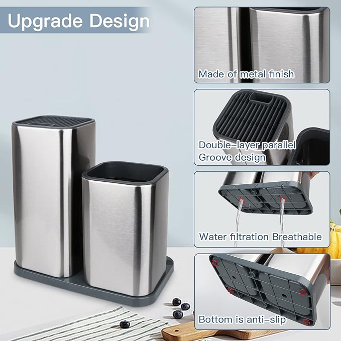 Universal Knife Block, Stainless Steel Universal Knife Holder Block Without Knives, Modern Kitchen Knife Storage Organizer for Countertop (with Cleaning Brush) (Stainless Steel/Silver)