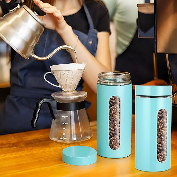 Patelai 6 Pack Kitchen Canisters Set Airtight Stainless Steel Canister Food Storage Container with Window Glass, Coffee Sugar Candy Jars Tea Organizer for Flour Cookies Spice(Turquoise,44 oz)