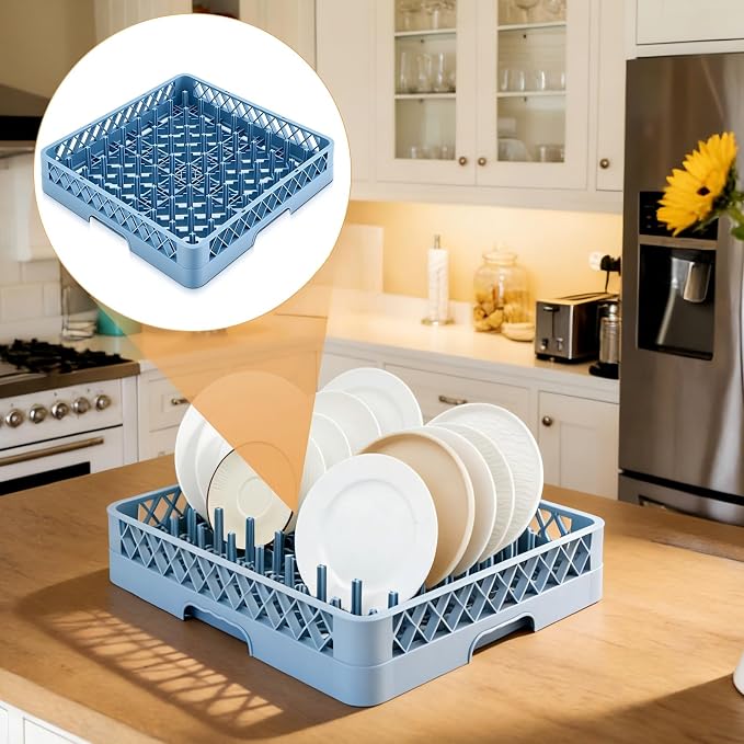 Aurelema Commercial Dishwasher Tray Rack, Commercial Dish Drying Rack, Polypropylene Full Size Flatware Tray for Hotel Canteen Kitchen Restaurant Tableware Plate and Bowl(Peg Dish,Blue,1 Pack)