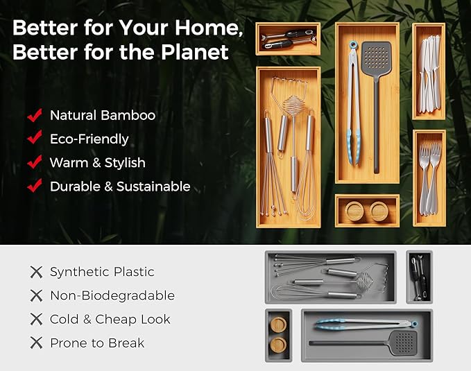 Bamboo Kitchen Drawer Organizer Boxes – 14" x 5" Stackable Wood Silverware Utensil Tray for Drawers Bins Cutlery & Flatware Storage – Wooden Pantry Organizers Set of 2 for Junk Drawer Bathroom Rv