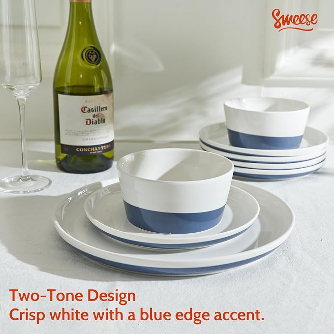 Sweese 18 Pieces Porcelain Dinnerware Set, Modern Dish Set for 6, Hand Painted Kitchen Plates and Bowls Sets, Scratch Resistant Dishware Sets, Dishwasher & Microwave & Oven Safe Dinner Set, Blue