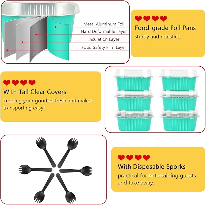 LNYZQUS 120pack/10oz Foil Mini Cake Tins with Lids 4”X4” Small Cake Baking Pans Cupcake Containers,Disposable Ramekins Mini Aluminum Brownie Pan Large Muffin Cups Holders-Cyan Blue