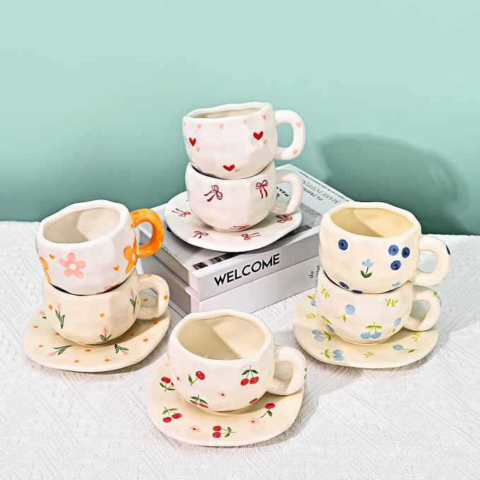 Koythin Ceramic Coffee Mug with Saucer Set, Creative Cute Cherry Cup Unique Irregular Design for Office and Home, 10 oz/300 ml for Latte Tea Milk