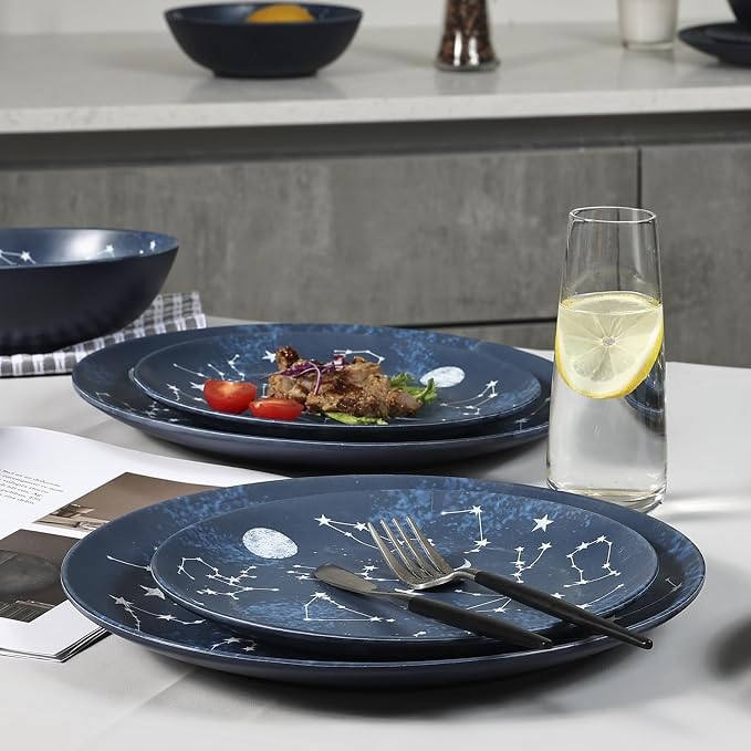 12 Piece Melamine Dinnerware Sets for 4 - Starry Pattern Camping Dishes Set for Indoor and Outdoor Use, Dishwasher Safe Plates and Bowls Sets, Dark Blue | Plates and Bowls Set Service for 4,Camping Dishes Set for Indoor Dining, Picnics, and Entertainin...