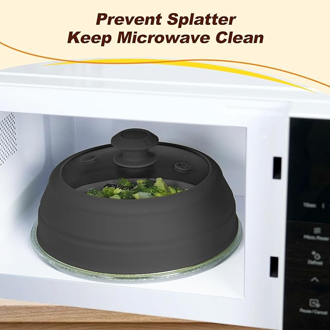 Microwave Splatter Cover - 11.8" Glass Lid with Collapsible Silicone Rim, Universal Pot & Plate Cover for Mess-Free Heating (Black, 11.8inch)