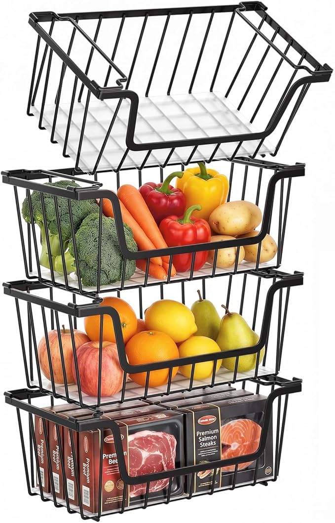 SUNALLY Stackable Storage Bins 4 Pcs Wire Baskets for Pantry Organizers and Storage, Vegetable Fruit Storage Basket for Countertop Organizer,Kitchen Baskets for Onion Potato Snack Cans Storage,Black