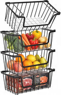 SUNALLY Stackable Storage Bins 4 Pcs Wire Baskets for Pantry Organizers and Storage, Vegetable Fruit Storage Basket for Countertop Organizer,Kitchen Baskets for Onion Potato Snack Cans Storage,Black