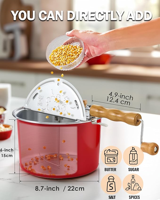 Cook N Home Stovetop Popcorn Popper with Crank, 6-Quart Aluminum Popcorn Pot, Red