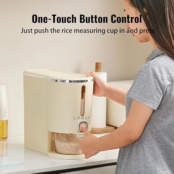 UFORU Rice Dispenser, Rice Storage Container with Measuring Cup for Kitchen Pantry Household, Dry Food Storage Containers Airtight, Sealed Moisture Proof, Cream White 11 Lbs