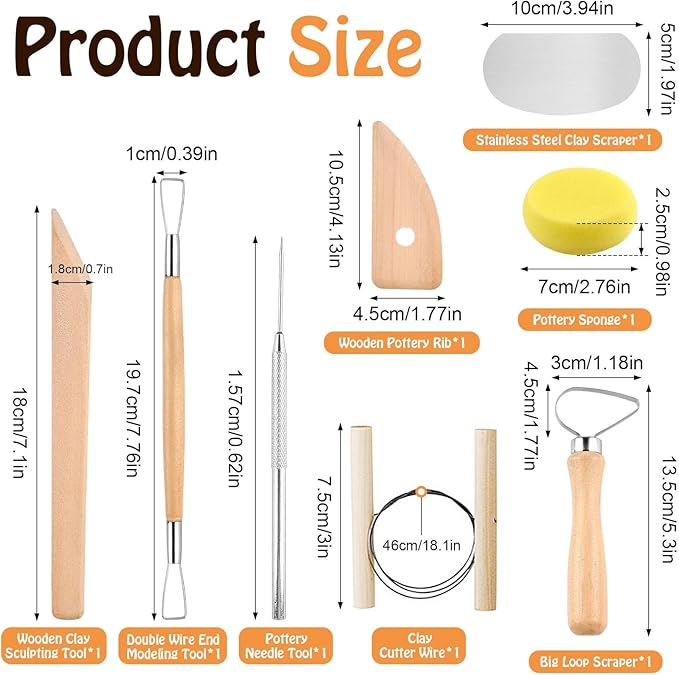 Akamino 20 Pcs Pottery Tools Include 1 Wood Rolling Pin,1 Portable Pottery Linen Tablecloth, 10 Pcs 5 Size Teaching Rolling Mud Stick Guide, 8 Clay Sculpting Tools for Manual Self Ceramic Clay Making