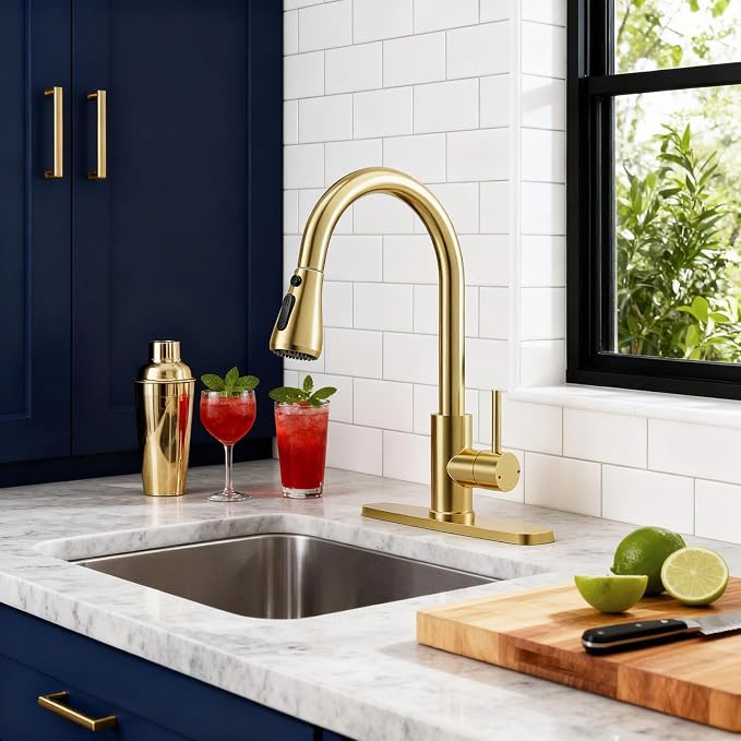 FEELSO Kitchen Faucets with Pull Down Sprayer, High Arc Single Handle Kitchen Sink Faucet, 1 or 3 Hole Brushed Nickel Water Faucets for Farmhouse Laundry Camper Rv Bar (Gold)
