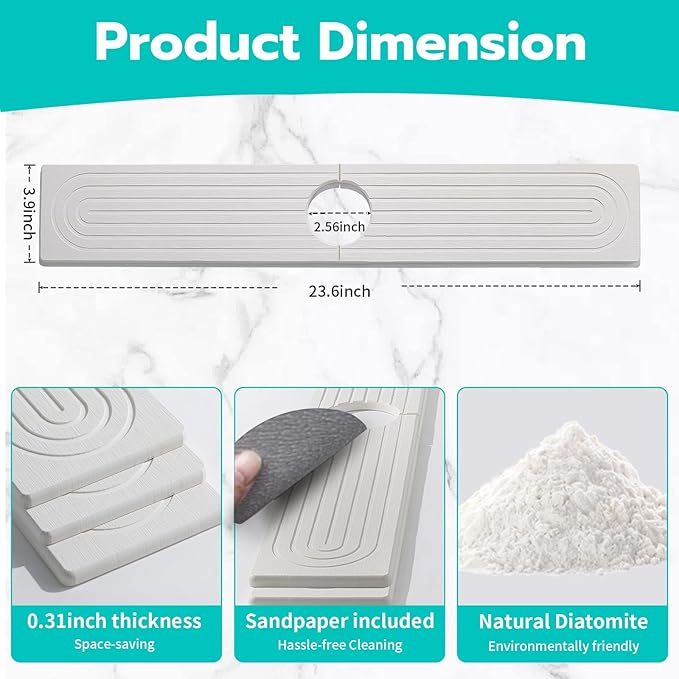 Absorbent Stone Faucet Mat for Kitchen Sink, Diatomite Stone Sink Tray Quick Dry, Bathroom Sink Splash Guard Behind Faucet, Water Catcher & Draining Mat for Sink Counter Protector, 15.8" x 4"