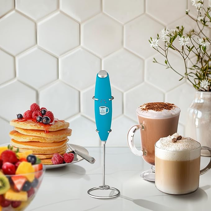 Zulay Kitchen Powerful Milk Frother Wand - Ultra Fast Handheld Drink Mixer - Electric Whisk Foam Maker for Coffee, Lattes, Cappuccino, Matcha & Creamer - Love Coffee Blue