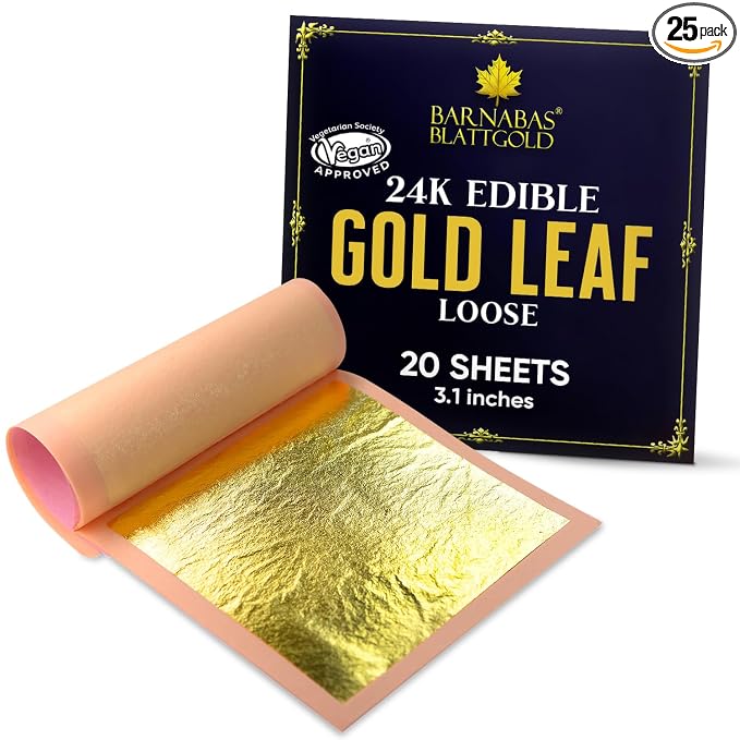 Barnabas Blattgold Edible Gold Leaf 24K - Cake Decorations, Loose Gold Leaf Sheets for Cupcakes - 3.1 inches, Interleaf of 25