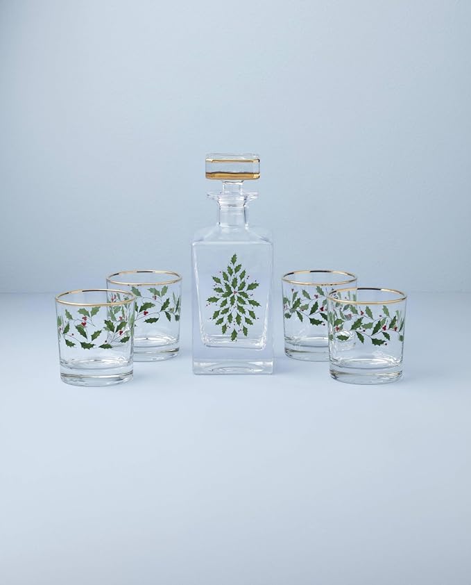 Lenox 896709 Holiday 5-Piece Decanter & Whiskey Glass Set, Christmas Dinnerware, Hosting