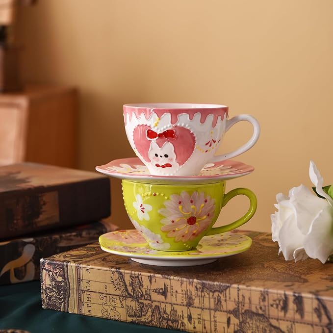 Adorable Bunny-Themed Pink Ceramic Cup & Saucer Set，7oz hand-painted ceramic Perfect for fairy tea parties, birthday gifts, parties, Christmas, and New Year. (Green)