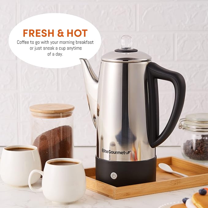 Elite Gourmet EC812 Electric 12-Cup Coffee Percolator with Keep Warm,Clear Brew Progress Knob Cool-Touch Handle Cord-less Serve,Stainless Steel,(Pack of 4)