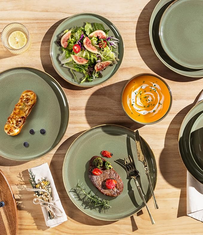 TheTerra Ceramic Dinnerware Sets for 4, 12 Pieces Handmade Reactive Glaze Plates and Bowls Set, Scratch Resistant Dish Set, Oven & Microwave & Dishwasher Safe, Sage Umber | Handmade Reactive Glaze, Scratch Resistant, Oven & Microwave & Dishwasher Safe,...