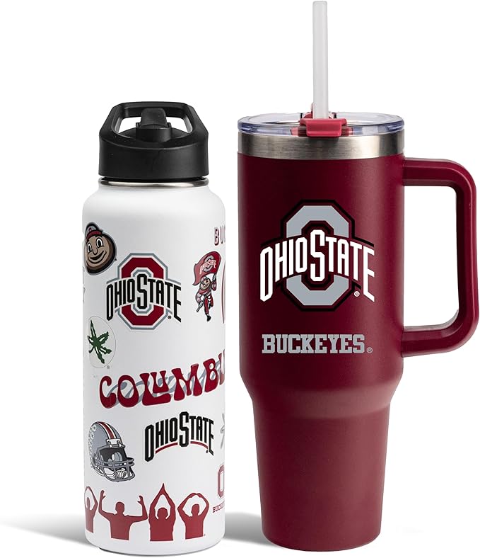 The Memory Company Officially Licensed NCAA 2-Pack Stainless Steel Tumbler Set, 34oz Team Spirit Water Bottle & 40oz Game Day Tumbler with Lid and Straw, BPA-Free Materials, Convenient Straw Design