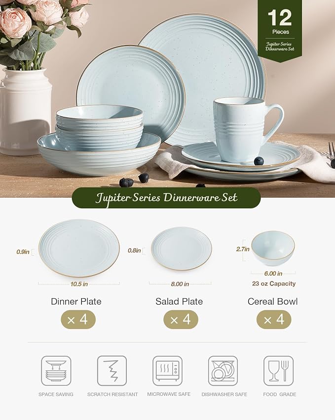 Famiware Jupiter 12-Piece Stoneware Dinnerware Set, Handcrafted Plates and Bowls with Speckles & Embossed Swirls, Chip/Scratch Resistant, Microwave/Dishwasher Safe, Modern Dishes, Service for 4, Blue