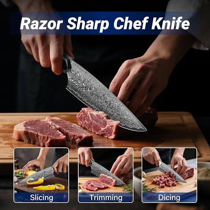 Golden Bird Damascus Chef Knife, 8 Inch Professional Japanese Kitchen Knife,Sharp High Carbon Stainless Steel VG10 Chef’s Knives For Meat Cutting,Hand Forged Cooking Knives with Gifts for Men