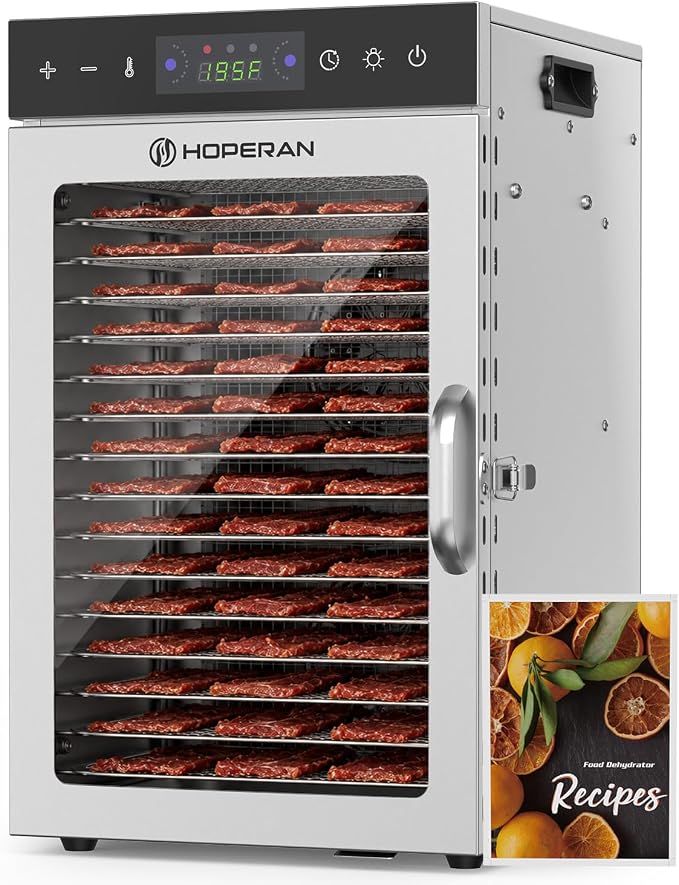 HOPERAN 16 Tray Food Dehydrator Machine for Jerky, Fruit, Herb & Dog Treats | Stainless Steel, Digital Temperature & Timer Control, 2 Fans 800W, Quiet <48dB, Including 2 Mesh Screens & 1 Fruit Roll Tray
