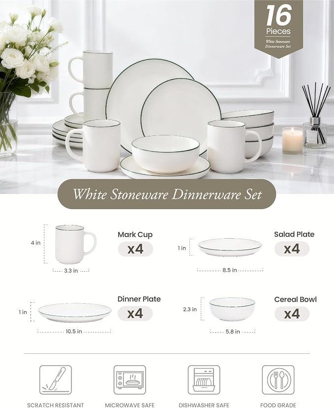 OTAGO 16-Piece Dinnerware Set for 4 with 4 Mugs, White with green rim Stoneware Plates and Bowls Sets, Ceramic Dish Set for Kitchen, Dinner & Dining, Green Rim, Microwave & Dishwasher Safe
