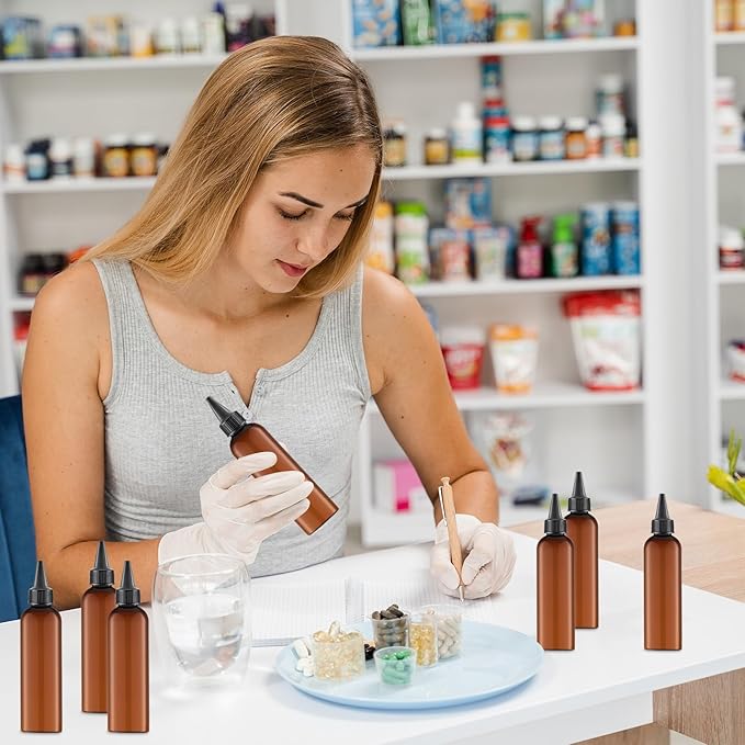 Irenare 50 Pcs 4 oz Plastic Squeeze Bottles Bulk Hair Oil Applicator Bottles Boston Empty Squeeze Condiment Bottle with Twist Top Cap Leak Proof for Liquids Oils Art Crafts Household Kitchen (Brown)