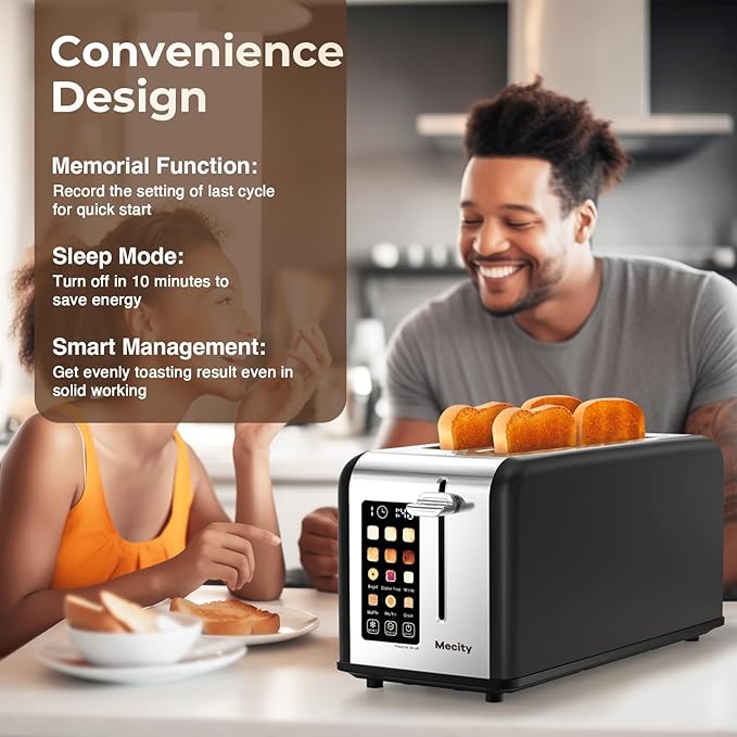 Mecity 4 Slice Toaster with Touchscreen Long Slot, Stainless Steel Smart Bread Toaster for Bagel Muffin Waffle Gluten Free Breads, Timer, Defrost, Reheat, 120V 1400W