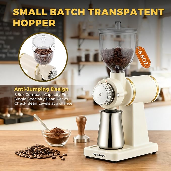 Electric Burr Coffee Grinders for Home Use, 8 Adjustable Settings Stainless Steel Flat Burr, Quiet Low Static Design for Espresso Pour Over French Press, Cream Style White