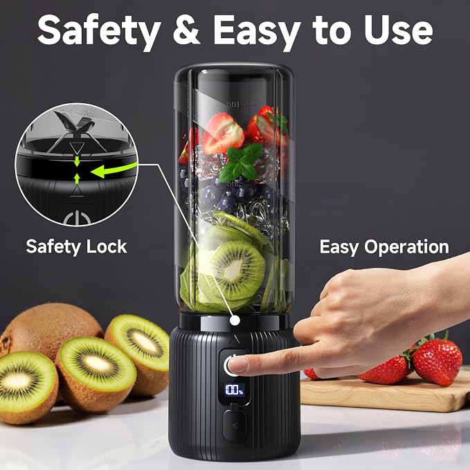 COKUNST Portable Blender, Small Smoothie & Shake Maker with 8 Blades, USB C Rechargeable Personal Blender with LED Display, Compact Juice Mixer with Lid for Travel, Office, Gym, Home, 17oz, Black